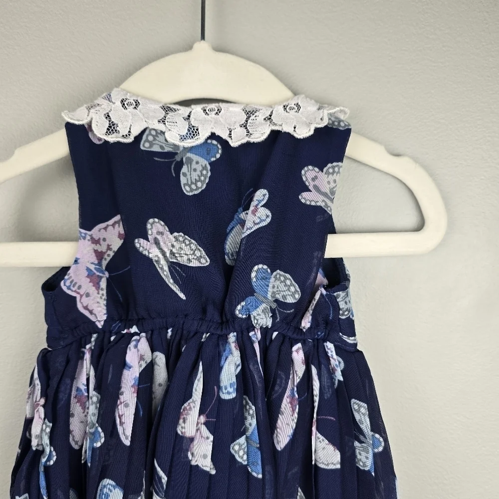 BABY‎ BERI Pleated Whimsical Dress Lace Collar Butterfly Navy Baby Girls 6-9 M